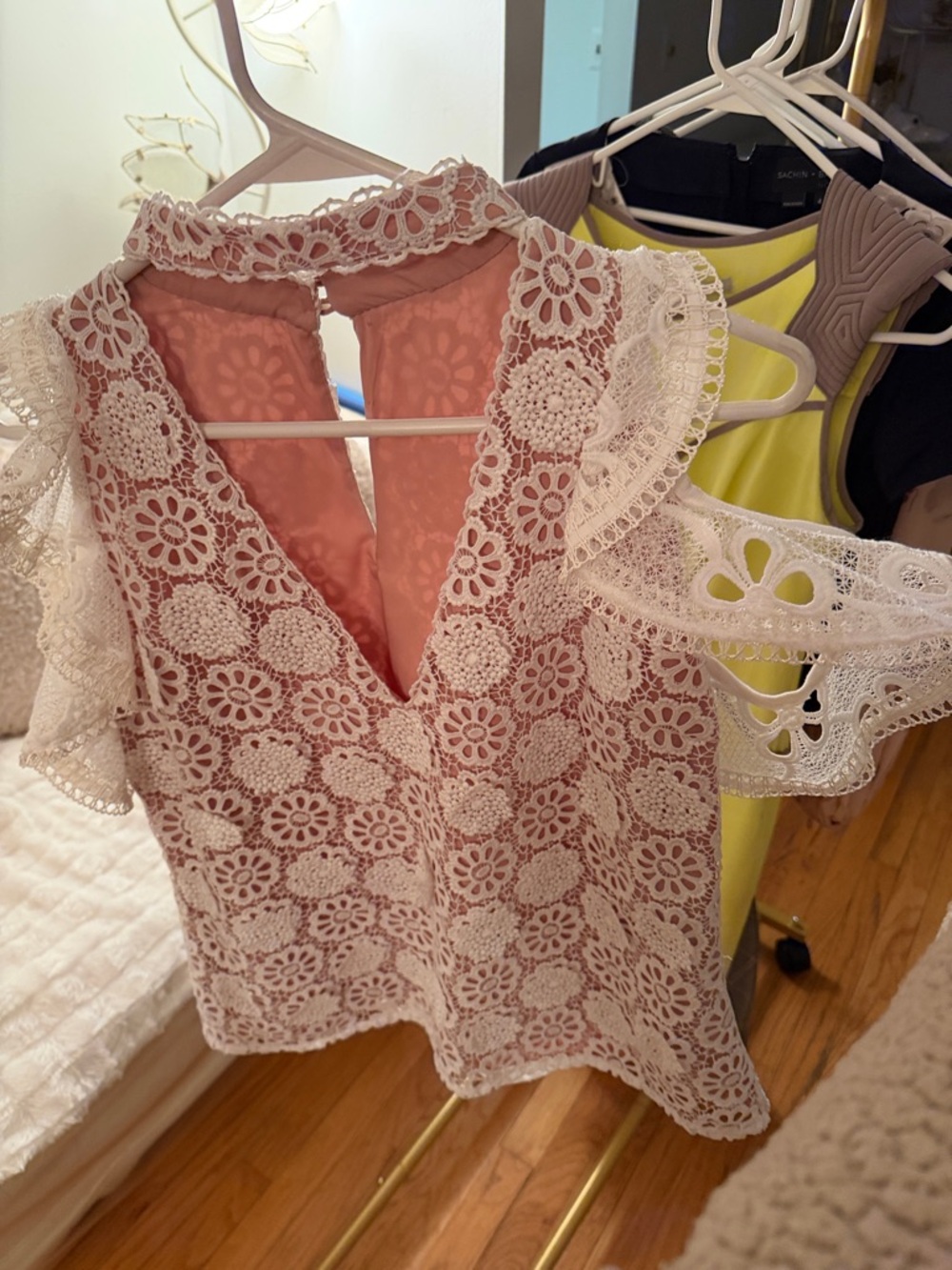 Alexis Pink Shell with Ivory Crochet Lace Overlay Top